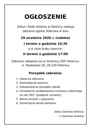 Miniaturka artykułu Zebranie ogólne sołectwa Oleśnica